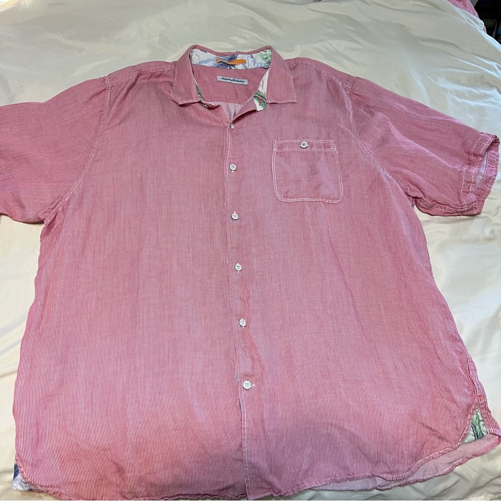Tommy Bahama Men's Relaxed Button-Down Shirt Red White Striped Linen Blend XXL